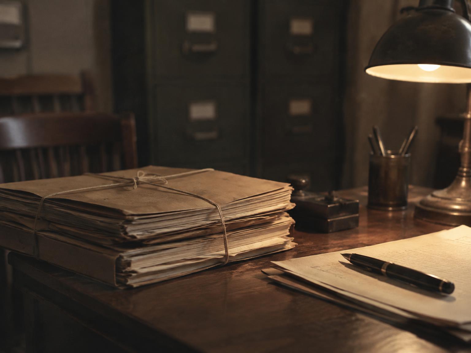 Tied case files and a pen under a desk lamp